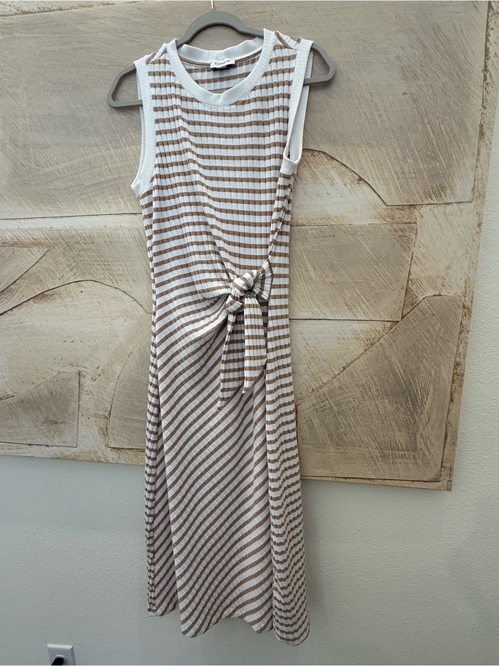 EVEREVE Tan White Striped Ribbed Tie Waist Midi Dress Size M